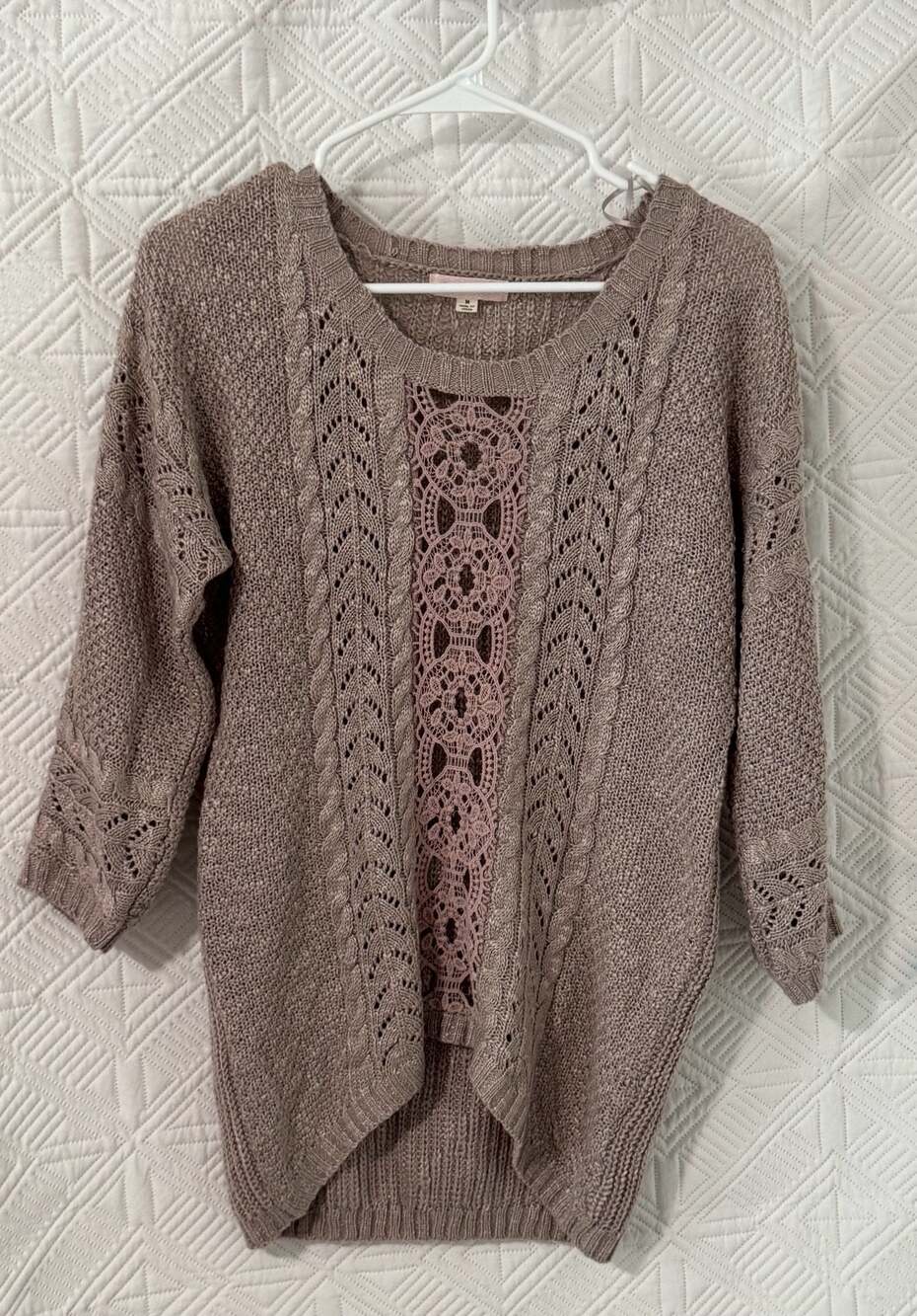 Pink Rose Premium Women's Taupe Crochet Lace Center Cable Knit Sweater Size M